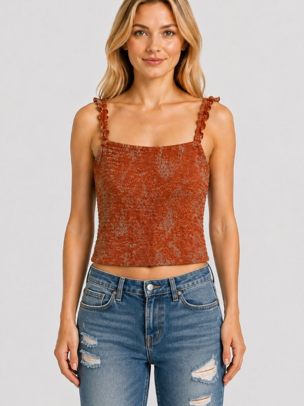 a.n.a Burned Orange Textured Sleeveless Floral Print Ruffle Crop Top Size Small